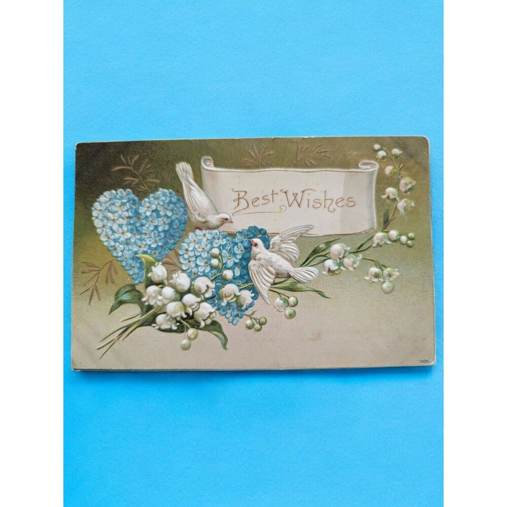 Vintage Postcard Best Wishes Blue Heart Flowers Doves Embossed 1908 Sherwood ND